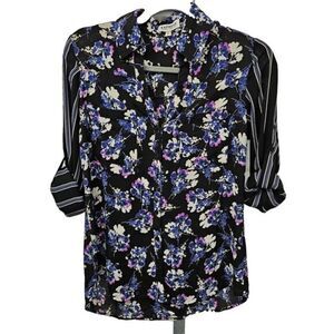 Express Portofino Floral Striped Shirt Blouse Top S Roll Tab *FLAW